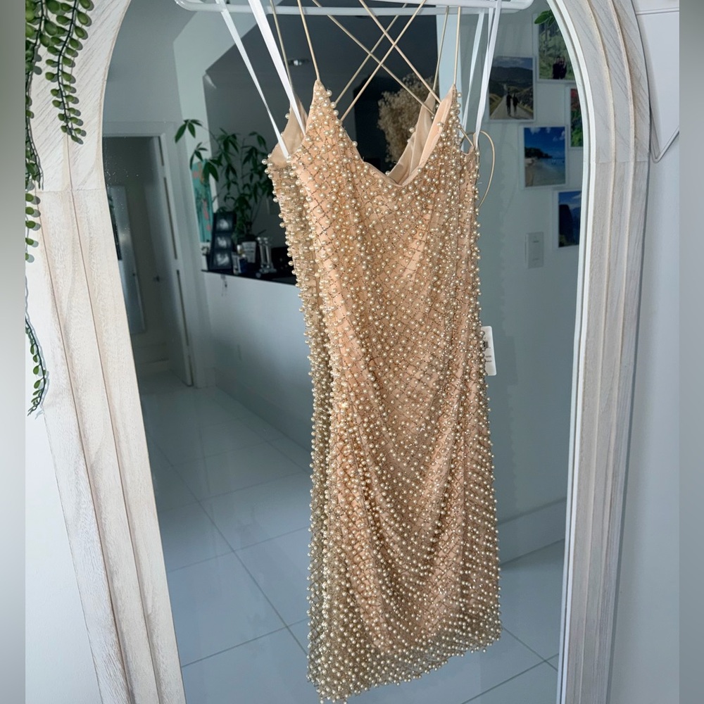 Pearl-Studded Mini Dress in Champagne/Gold - NWT